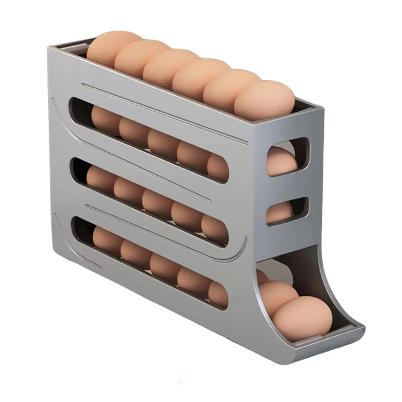 4-tier rolling egg storage box, automatic egg holder dispenser for refrigerator, ideal kitchen organizer.
